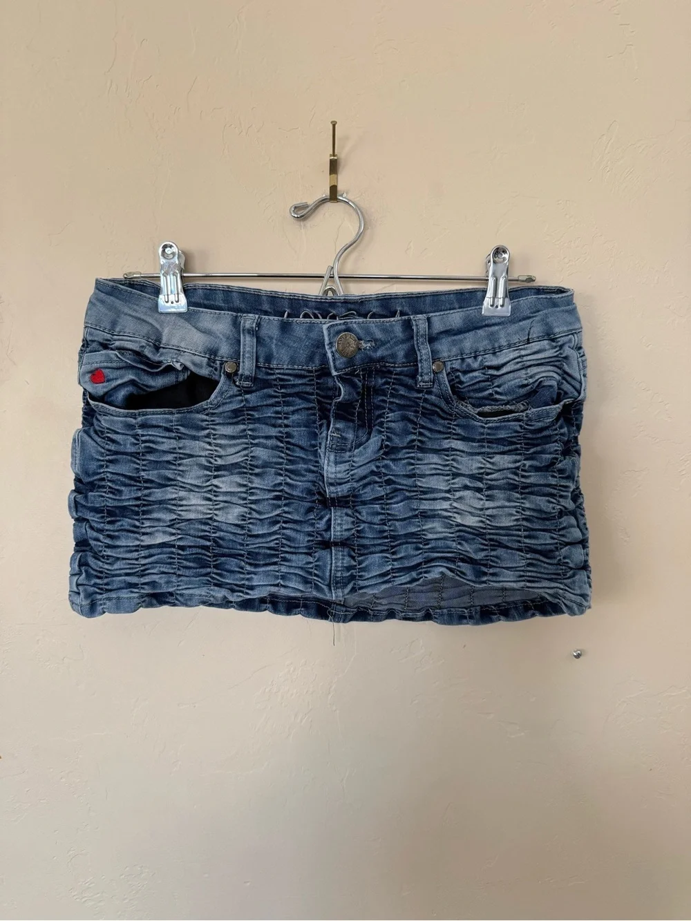 Love LA Ruched Denim Mini Skirt | Size 7 | Y2K Low Rise Micro Mini